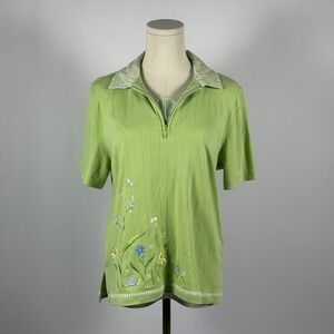Alfred Dunner Petite Green Embroidered Floral Dragonfly Polo Shirt Size PM